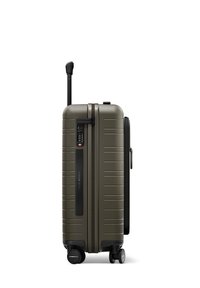 Valise rigide vert olive, avec des rainures verticales, serrure approuvée par la TSA, poignée rétractable et roues pivotantes à 360 degrés.