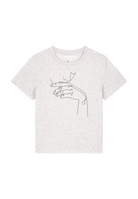 T-shirt en coton gris avec une illustration dessinée à la main de mains et d'une plante. Manches courtes et col rond. Texture douce.