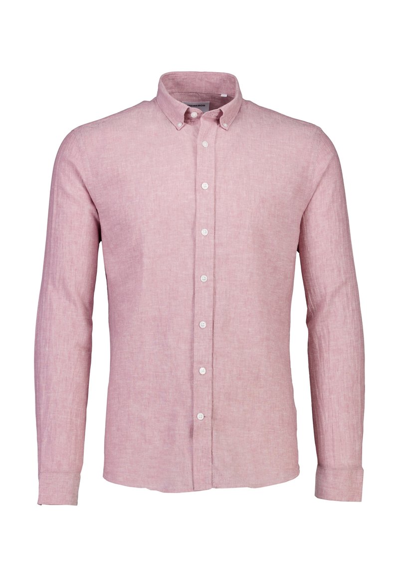 Camicia a maniche lunghe rosa chiaro, con bottoni, realizzata in tessuto di lino testurizzato, dotata di un colletto classico e cinque bottoni bianchi sulla parte anteriore.