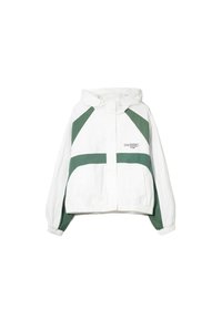 Biała kurtka z kapturem z zielonymi geometrycznymi panelami. Posiada elastyczne mankiety, zamek błyskawiczny z przodu oraz logo na piersi. Wykonana z lekkiego materiału.