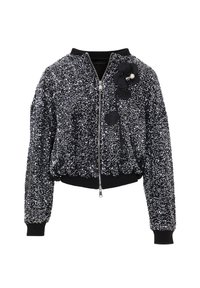 Giacca bomber nera decorata con paillettes luccicanti, dotata di zip frontale, polsini e orlo a costine, arricchita da dettagli floreali e accenti di perle.