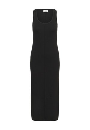 Robe noire sans manches, à encolure dégagée, longue jusqu'aux chevilles, cintrée, avec une couture verticale centrale à l'avant.