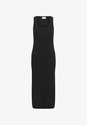 Robe noire sans manches, à encolure dégagée, longue jusqu'aux chevilles, cintrée, avec une couture verticale centrale à l'avant.