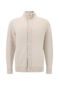 Beige stickad cardigan med hög krage, fem knappstängning, två sidofickor samt ribbade muddar och fåll. Slät textur och avslappnad design.