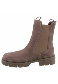 Bruine suède Chelsea-boots met elastische zijkanten, aantrek-lussen en een stevige rubberen zool. Voorzien van contrasterende stiksels langs de naden.