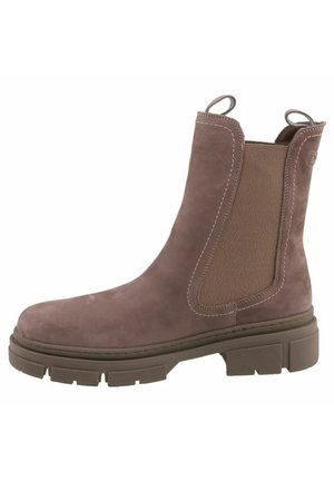 Bruine suède Chelsea-boots met elastische zijkanten, aantrek-lussen en een stevige rubberen zool. Voorzien van contrasterende stiksels langs de naden.