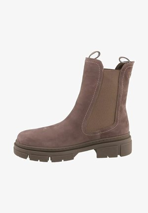 Brown suede Chelsea boot with elastic side panels, pull tabs, and a chunky rubber sole. Features contrast stitching along the seams.