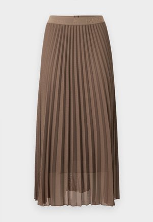 Brauner, mittellanger Faltenrock mit elastischem Bund und dezentem Markenlogo.