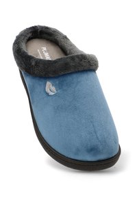 Zapatilla de tela azul con un suave forro de piel sintética gris, forma redondeada, suela de goma y detalle de logo bordado en el lateral.
