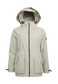 Licht-beige waterdichte jas met capuchon, trekkoord in de taille, voorrits en twee grote zakken. Heeft zwarte accenten en verstelbare manchetten.