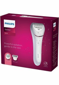 Philips epilator 8000 in roze en witte verpakking. Heeft een ergonomisch ontwerp, met een zichtbare epilatiekop en twee toebehorenkoppen weergegeven.