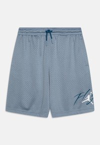 Mesh athletic shorts in light blue featuring a drawstring waist, breathable texture, and a white silhouette graphic with blue accents.