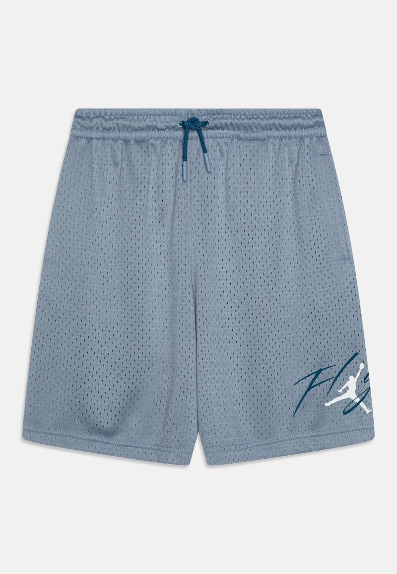 Mesh athletic shorts in light blue featuring a drawstring waist, breathable texture, and a white silhouette graphic with blue accents.
