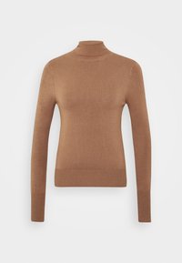 Brązowy sweter z golfem, długie rękawy, dopasowany krój, prążkowany dekolt i dół, lekki materiał o gładkiej fakturze.