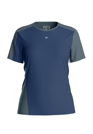 Sport-T-Shirt mit kurzen Ärmeln, navyblauem Vorderteil und grauen Ärmeln, mit kleinem weißem Logo auf der Brust.