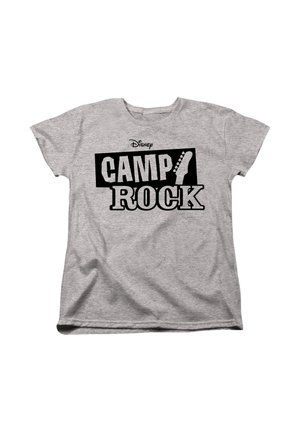 Graues T-Shirt mit fettem schwarz-weißem Schriftzug "Disney CAMP ROCK" mit einer Grafik eines Gitarrenkopfs im Design integriert.