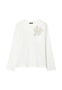 T-shirt bianco a maniche lunghe realizzato in tessuto morbido, con un delicato ricamo di foglia beige sull'area del petto sinistro. Vestibilità comoda.