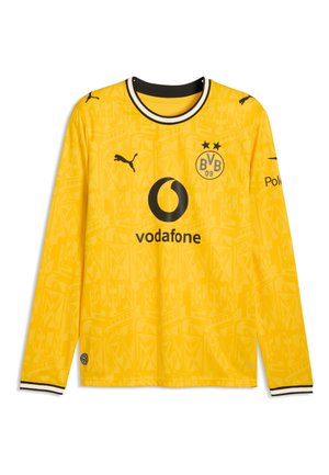 Gul langærmet Borussia Dortmund fodboldtrøje med sorte Puma-logoer, Vodafone som sponsor og klubmærke med to stjerner.