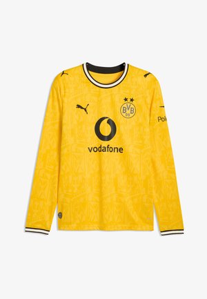 Żółta piłkarska koszulka Borussia Dortmund z długim rękawem, czarnymi logo Puma, sponsorem Vodafone i herbem klubu z dwoma gwiazdkami.