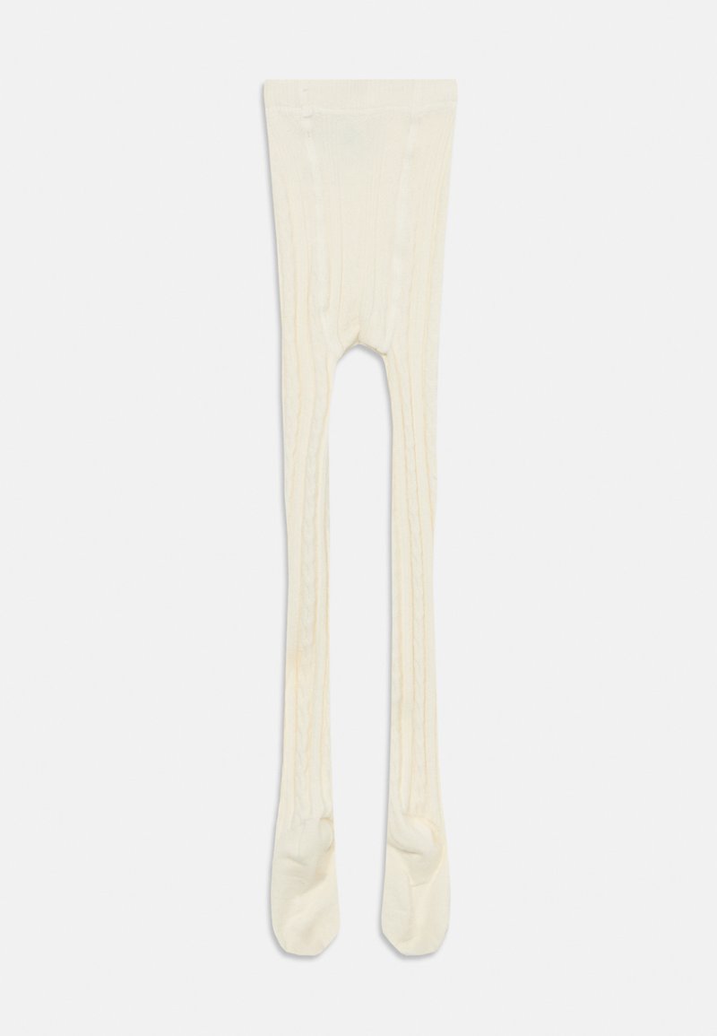 Knielange, cremefarbene Strumpfhosen mit einem strukturierten Rippmuster. Hergestellt aus einem weichen, dehnbaren Material für Komfort und Passform.