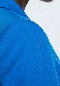 Chemise bleue présentant une texture lisse, un col pointu et une conception d'épaule structurée. Couleur prononcée sans motifs ni accents visibles.