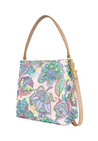 Borsa a tracolla con motivo floreale su uno sfondo morbido e pastello, caratterizzata da manici in pelle, colori vivaci e intricate decorazioni botaniche.