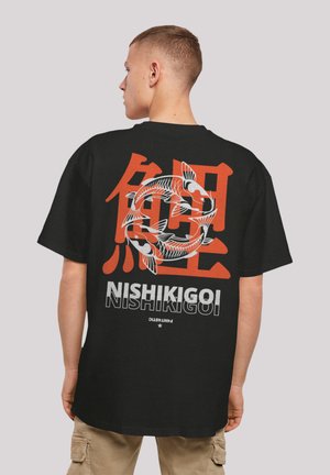 Black t-shirt with a large graphic featuring koi fish and Japanese characters in red and white. Text includes "NISHIKIGOI" at the bottom.