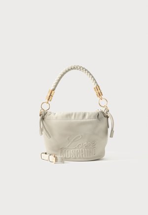 Small beige handbag with braided handle, gold hardware, adjustable strap, and embossed "Love Moschino" logo on front.