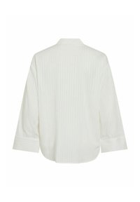 Chemise blanche à manches longues vue de dos avec de fines rayures verticales et un col classique.