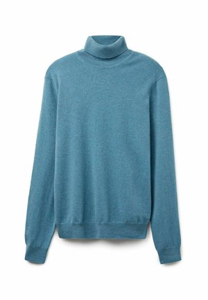 Blå rullekrave sweater lavet af blødt strikket stof. Har lange ærmer, en høj krave og ribbede manchetter og kant.