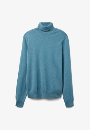 Blå rullekrave sweater lavet af blødt strikket stof. Har lange ærmer, en høj krave og ribbede manchetter og kant.
