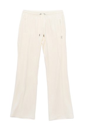Pantaloni della tuta color crema a gamba larga con vita con coulisse e tasche laterali con zip, con un piccolo logo ricamato sulla coscia destra.