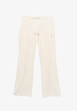 Pantaloni della tuta color crema a gamba larga con vita con coulisse e tasche laterali con zip, con un piccolo logo ricamato sulla coscia destra.