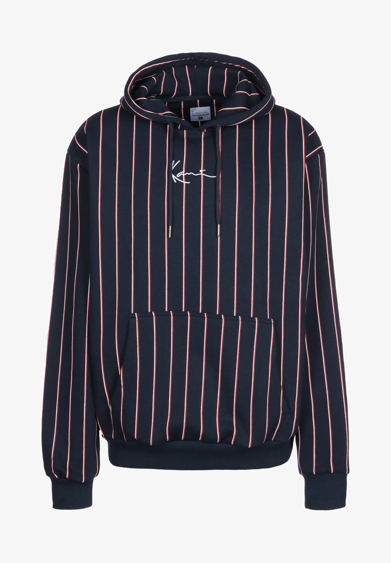 Navy hoodie with vertical red stripes, front pocket, adjustable drawstring hood, and embroidered logo on the chest. Cotton blend material.