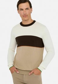 Man met donker haar die een kleurblokkensweater in wit, donkerbruin en beige en beige broek draagt, met de handen in zijn zakken, die iets naar links kijkt.