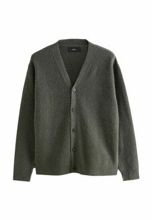 Olive green cardigan made of textured fabric, featuring a V-neck, long sleeves, and six button closures along the front.
