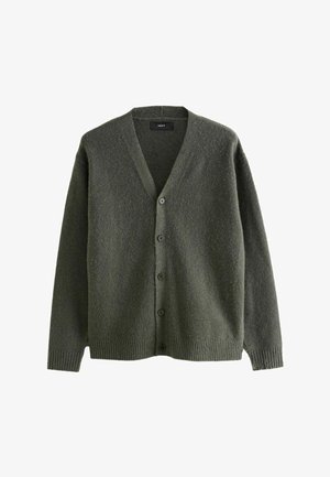 Olive green cardigan made of textured fabric, featuring a V-neck, long sleeves, and six button closures along the front.