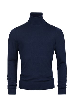 Marineblauer Rollkragenpullover aus weichem Strickstoff. Verfügt über lange Ärmel und eine körpernahe Passform. Keine sichtbaren Muster oder Verzierungen.