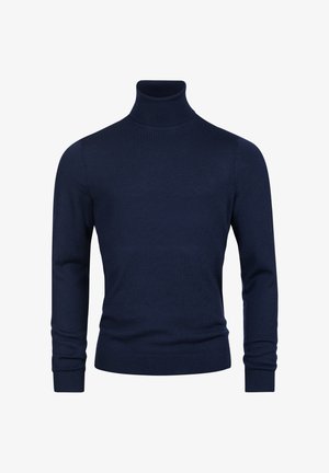 Navyblauwe coltrui gemaakt van zacht breiwerk. Heeft lange mouwen en een aansluitend ontwerp. Geen zichtbare patronen of versieringen.