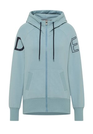 Light blue zip-up hoodie with a hood and black drawstrings, featuring a large black "D" and "E" on the sleeves and two front pockets.