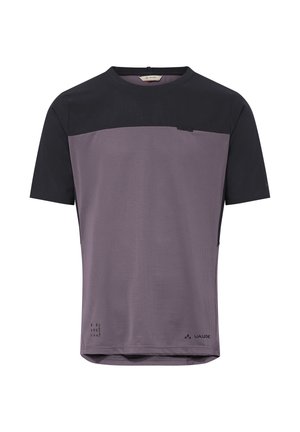 T-shirt de sport à manches courtes avec le haut et les manches noirs, le bas du corps gris, et un petit logo Vaude sur l'ourlet avant et l'étiquette du col.