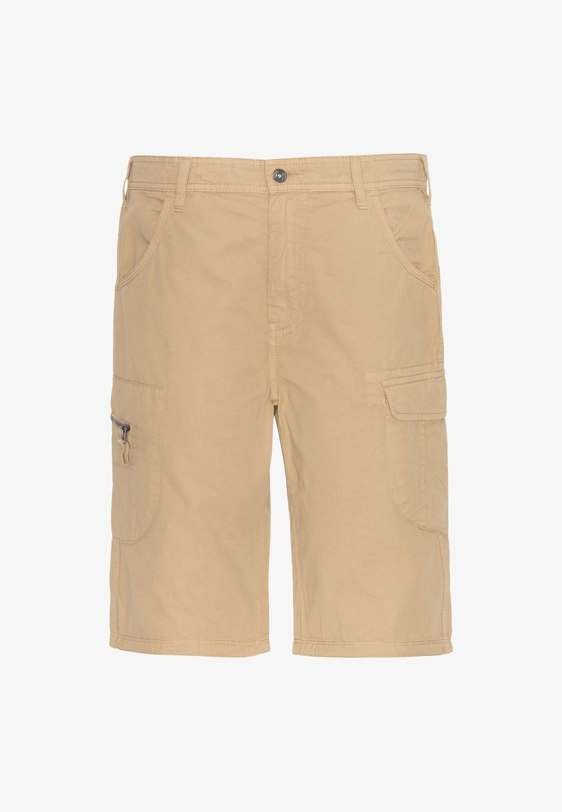 Shorts cargo beiges en coton avec plusieurs poches, y compris une poche zippée, et une fermeture à bouton. Texture lisse et légère.