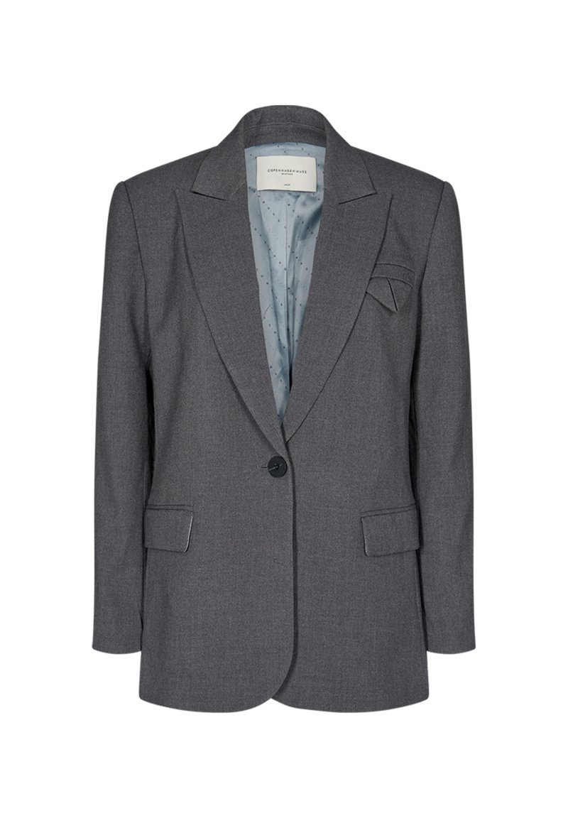 Gray tailored blazer with a notched lapel, single button closure, two front pockets, and a light blue patterned lining.