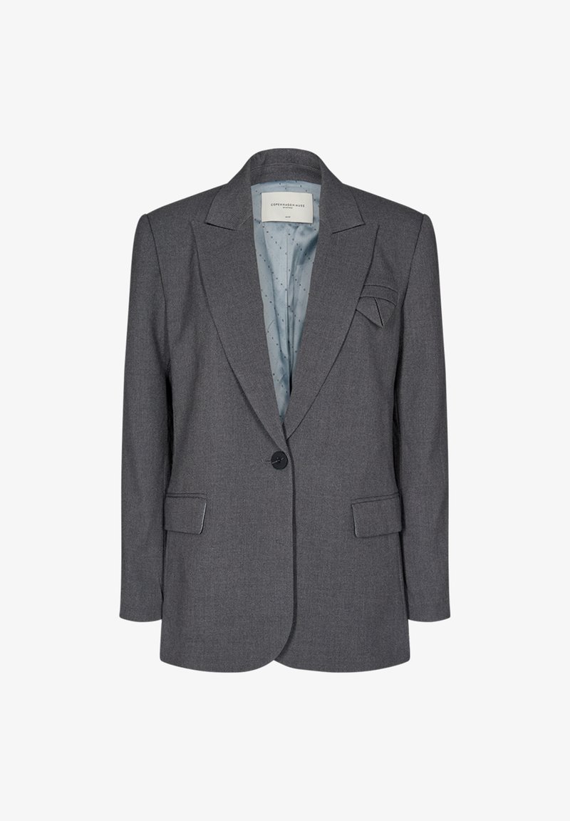 Gray tailored blazer with a notched lapel, single button closure, two front pockets, and a light blue patterned lining.