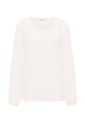 Valkoinen pitkähihainen paita V-malloisella kaula-aukolla ja nyöriyllä. Ominaisuuksiin kuuluvat kerrostetut hartiat ja elastiset hihansuut. Silkyä kangasta rentoa mittaa varten.