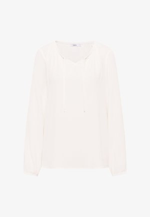 Witte blouse met lange mouwen, V-hals en trekkoord. Beschikt over gathered schouders en elastische manchetten. Soepele stof met een ontspannen pasvorm.