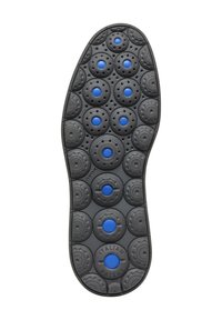 Suela de zapato de goma negra con patrones circulares y acentos azules. Superficie texturizada notable con orificios de ventilación para la transpirabilidad.