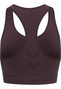 Burgundowy top sportowy z konstrukcją racerback. Wykonany z gładkiego, elastycznego materiału z subtelnym wzorem w zygzak na plecach.