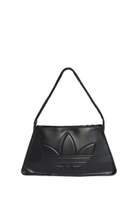 Bolsa de mão em couro preto com formato trapezoidal, apresentando um design em relevo com o logótipo da Adidas e uma alça de ombro fina. Fecho de zipper na parte superior.