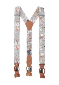 Blumenmuster-Hosenträger mit grauen elastischen Gurten, Lederakzenten und Metallclips zur Befestigung. Strukturiertes Gewebe mit bunten Designs.